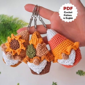 Crochet pattern autumn gnomes, Candy corn gnome, Gnome with leaves, Sunflower gnome, Fall gnome keychains, Crochet keychains