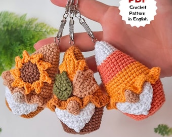 Crochet pattern autumn gnomes, Candy corn gnome, Gnome with leaves, Sunflower gnome, Fall gnome keychains, Crochet keychains
