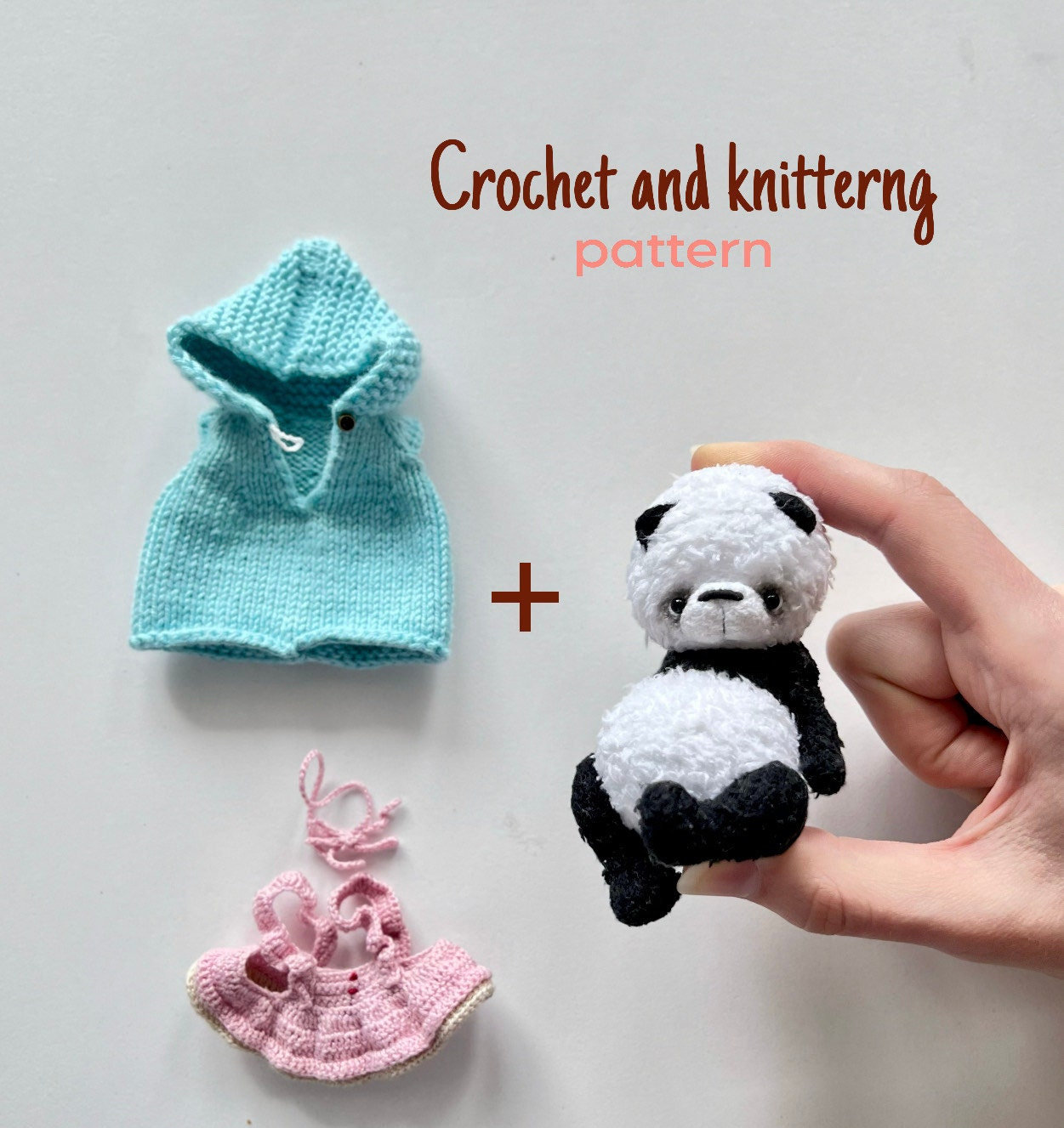 SET of 3 PATTERNS crochet miniature panda, crochet dress with bow, knitted jumpsuit for doll and miniature toy panda bear, ENGLISH pdf