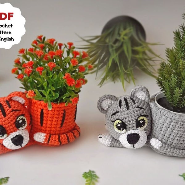 Modèle au crochet PLANTER, Crochet planter tiger cub, Crochet planter kitty, Cadeau au crochet du Nouvel An, Crochet motif chat