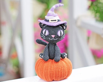 Crochet black cat halloween pattern - diy halloween decor - pumpkin amigurumi pattern