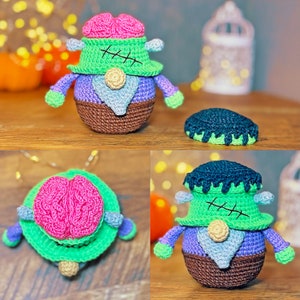 crochet gnome halloween pattern amigurumi - spooky zombie gnome with brain - fall crochet pattern halloween decor