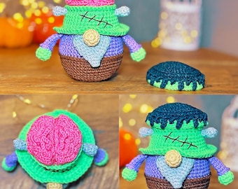 crochet gnome halloween pattern amigurumi - spooky zombie gnome with brain - fall crochet pattern halloween decor