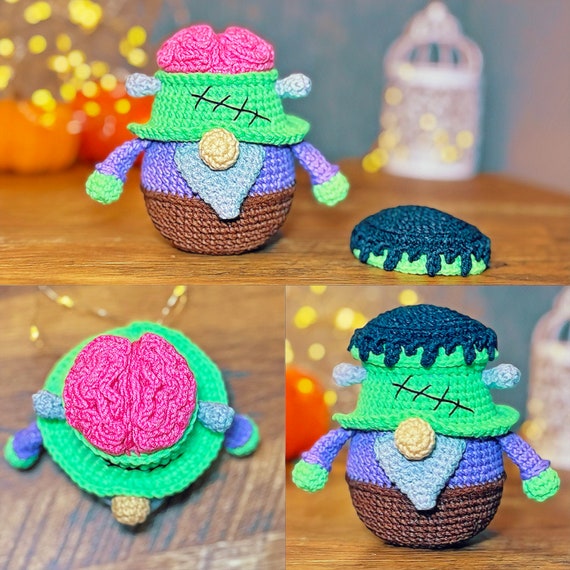 crochet gnome halloween pattern amigurumi - spooky zombie gnome with brain - fall crochet pattern halloween decor