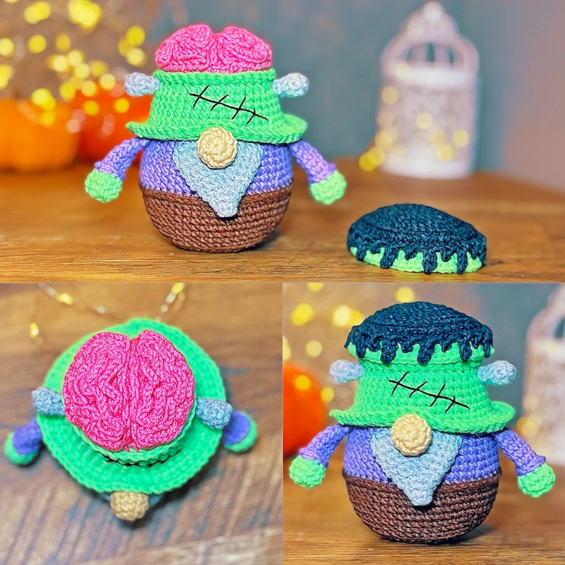 May include: A crocheted Frankenstein monster toy with a green body, pink brain, and brown shoes. The monster has a stitched mouth and a black and green hat.