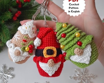 Set of 3 crochet pattern Christmas gnomes, Santa gnome, Christmas tree gnome, Gingerbread gnome, Christmas keychains