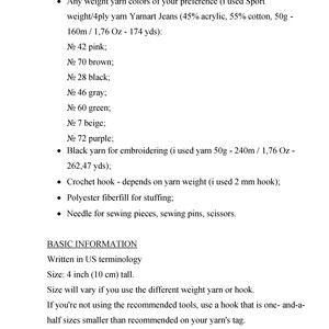 May include: Instructions for crocheting a toy, written in English. The instructions list the materials needed, including yarn in various colors, a crochet hook, fiberfill for stuffing, and sewing supplies. The instructions also include basic information about the project, such as the size and difficulty level.