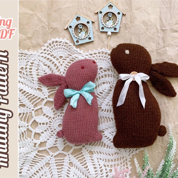 Easter Rabbit Knitting Pattern, Easy Knitted Soft Toy, DIY Easter Favors, Flat Bunny, Spring Decor, Tutorial English PDF.