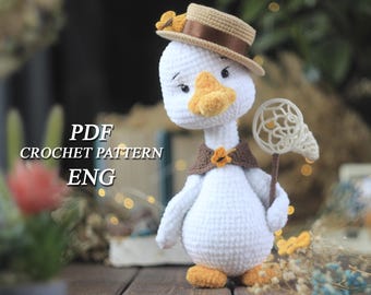 Crochet goose pattern. Amigurumi goose in a hat with a bandana and a butterfly net Crochet plush Easter goose pdf in ENG Crochet goose