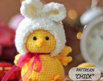 Light amigurumi crochet Pattern of Easter Chicken in a knitted rabbit hat