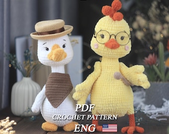 Chicken and goose crochet pattern PDF in Eng Plush chicken amigurumi and a worm Amigurumi plush goose in a hat Crochet tutorial farm animal