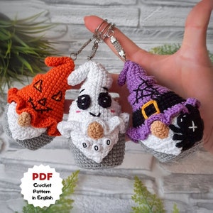 Crochet pattern Halloween keychains, Pumpkin gnome, Boo gnome, Gnome with spider, Halloween crochet patterns