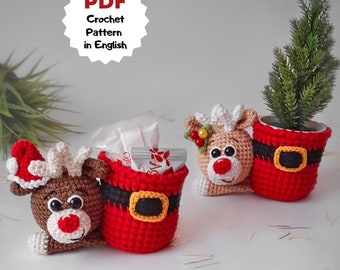 Crochet pattern REINDEER planter, Crochet cute pattern, Christmas patterns, Cute Christmas planter