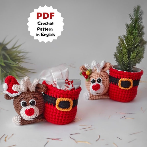 Crochet pattern REINDEER planter, Crochet cute pattern, Christmas patterns, Cute Christmas planter