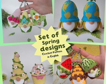 Crochet pattern gnomes, Set of Spring crochet patterns, Crochet bouquet, Crochet Easter gnomes, Amigurumi flowers