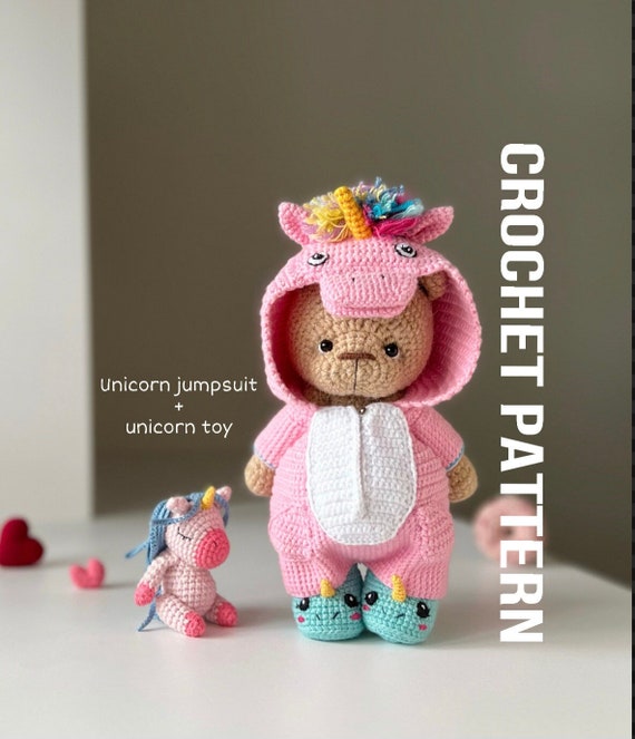 Crochet PATTERN rainbow unicorn jumpsuit for doll bear with amigurumi unicorn toy, crochet clothes for doll, tutorial ENGLISH pdf