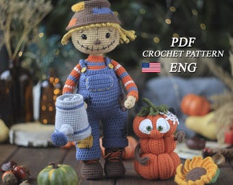 Crochet Halloween Scarecrow and Pumpkin PDF in Eng Halloween funny scarecrow with removable clothes Crochet pumpkin amigurumi tutorial