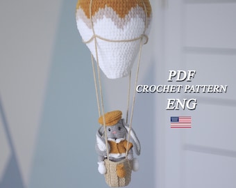 Crochet pattern bunny in clothes in a hot air balloon PDF in ENG Amigurumi nursery decor pattern Crochet baby room decor Baby shower gift