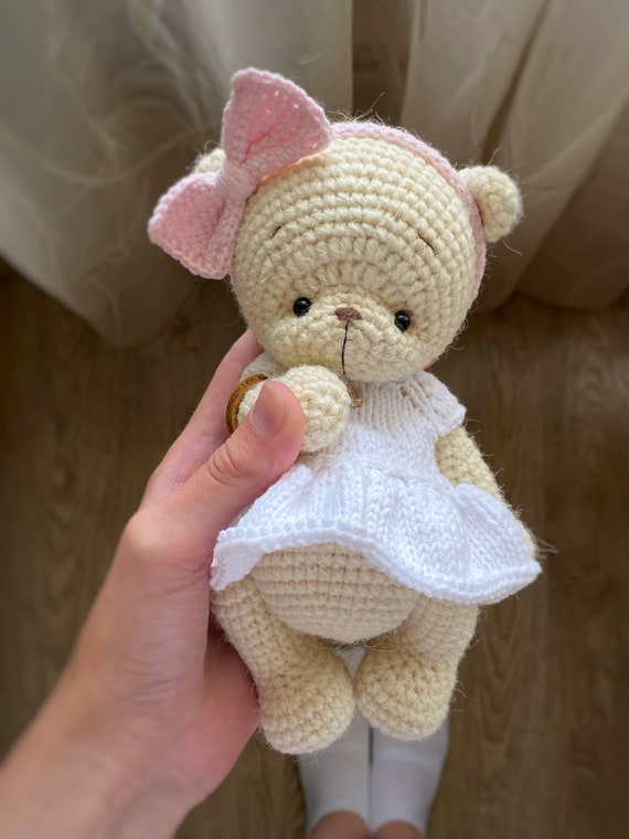 Set of 2 PATTERNS: crochet bear in knitted dress in on ENGLISH, knitted 2 clothes dress for doll, tutorial stuffed amigurumi toy
