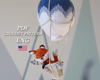 Crochet pattern fox in a hot air balloon PDF in ENG Crochet fox in a balloon baby room decor Crochet animal amigurumi Baby Shower Gift