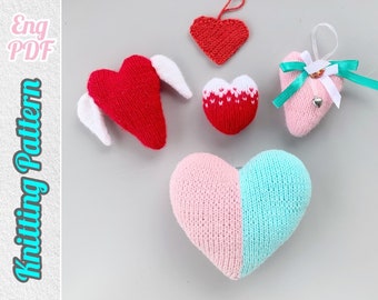 Heart Knitting Pattern, Set of 4 knitting patterns, DIY Soft Toy, Christmas ornament, Stuffed Hearts Tutorial English PDF.