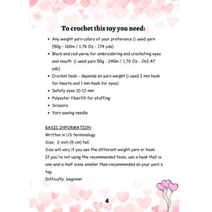 May include: Instructions for crocheting a toy with a list of materials needed, including yarn, crochet hooks, safety eyes, fiberfill, scissors, and a yarn sewing needle. The instructions are written in US terminology and the finished toy is 2 inches tall.