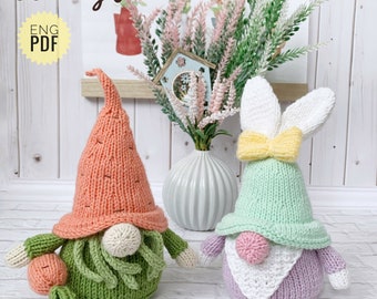Spring Gnomes Knitting Pattern, Carrot Gnome, Rabbit Gnome, Easter Favor, DIY Easter Table decor, Knitted Tutorial PDF