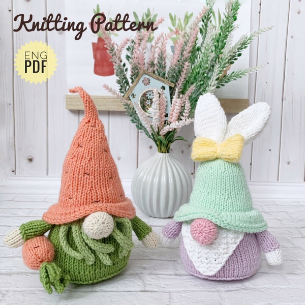 Spring Gnomes Knitting Pattern, Carrot Gnome, Rabbit Gnome, Easter Favor, DIY Easter Table decor, Knitted Tutorial PDF