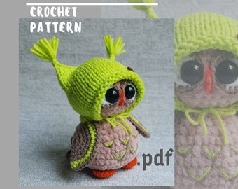 May include: Crochet pattern for a plush owl wearing a green hat with ear flaps. The owl has large black eyes and a brown body with a green pattern. The pattern is available as a PDF download.