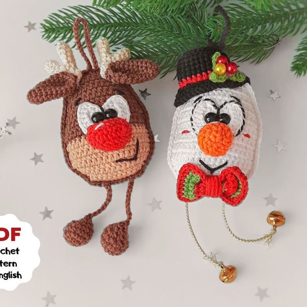 Set of 2 crochet pattern, Crochet pattern Reindeer ornament, Snowman crochet pattern, Christmas tree decoration