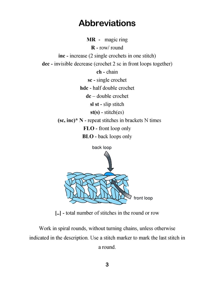 May include: A diagram showing the front and back loops of a crochet stitch. The diagram includes abbreviations for crochet stitches, such as sc for single crochet, hdc for half double crochet, and dc for double crochet. The text also includes instructions for working in spiral rounds and using a stitch marker.