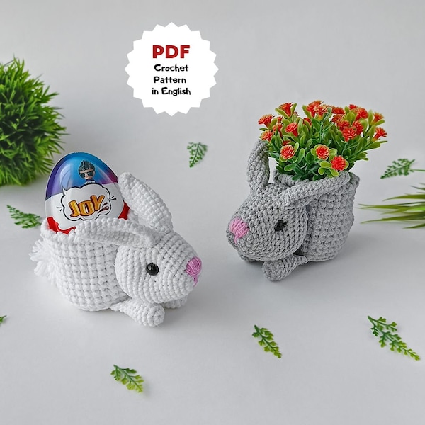 Motivo all'uncinetto con coniglio pasquale, vaso per fioriera a forma di coniglietto all'uncinetto, piccolo cestino pasquale, regalo per la festa della mamma