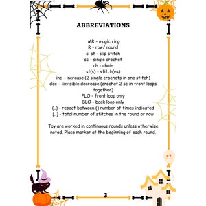 May include: A Halloween-themed crochet pattern chart with abbreviations for common crochet stitches. The chart includes a black spider, a pumpkin, and a witch's hat.