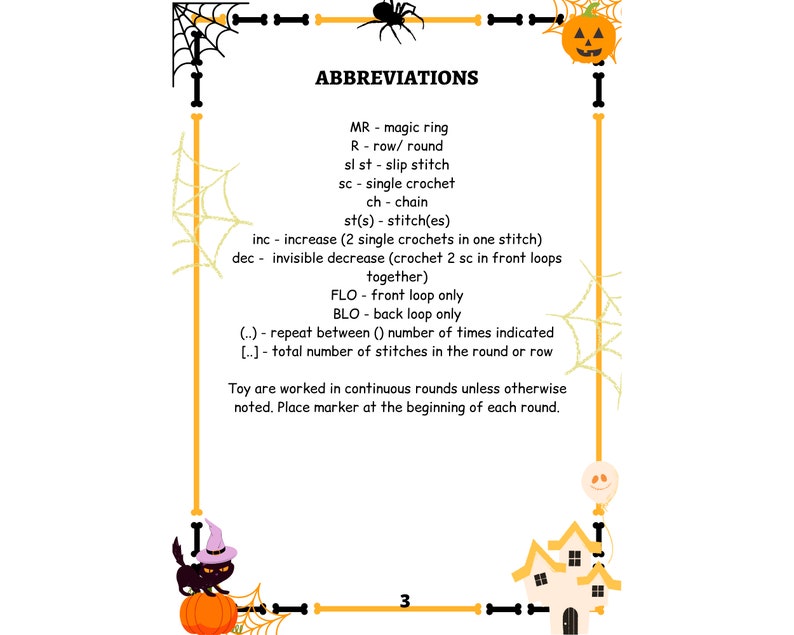May include: A Halloween-themed crochet pattern chart with abbreviations for common crochet stitches. The chart includes a black spider, a pumpkin, and a witch's hat.