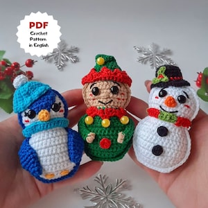 Set of 3 crochet patterns, crochet Christmas ornament, Christmas crochet pattern, Snowman pattern, Penguin pattern, Elf pattern