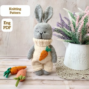Knitting Bunny Rabbit, Knitted Pattern PDF, DIY Easter Favor, Mini Carrot.