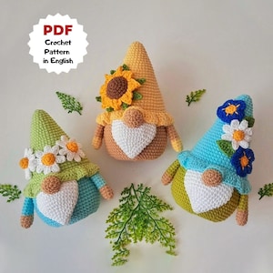 Flower gnomes crochet pattern,Mother's day gift gnomes, Sunflower crochet gnome, Spring gnomes crochet pattern, Daisy gnome