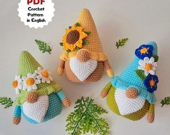 Flower gnomes crochet pattern,Mother's day gift gnomes, Sunflower crochet gnome, Spring gnomes crochet pattern, Daisy gnome