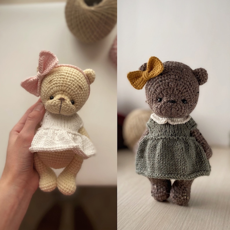 May include: Two crocheted teddy bears wearing dresses. One bear is cream colored with a pink bow and a white dress. The other bear is brown with a yellow bow and a green dress.