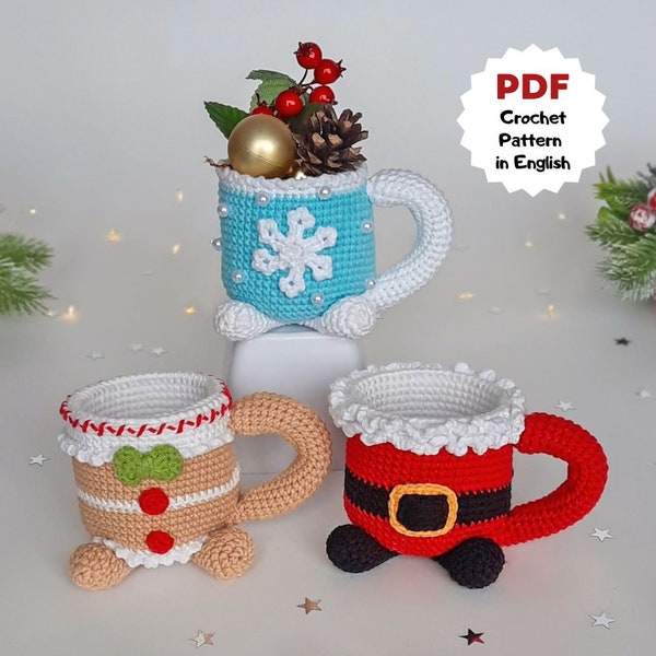 Crochet pattern Christmas mug, Christmas gift pattern, Crochet decoration, Cute crochet cups, Cozy crochet