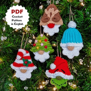 Set of 5 crochet Christmas ornament pattern, Quick crochet, Easy Christmas ornament, Crochet Christmas tree gnome