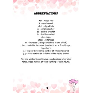May include: A page from a crochet pattern book with a list of abbreviations used in the pattern. The abbreviations include MR, R, sl st, sc, dc, tr, ch, st(s), inc, dec, (..), [..]. The page is decorated with pink hearts.