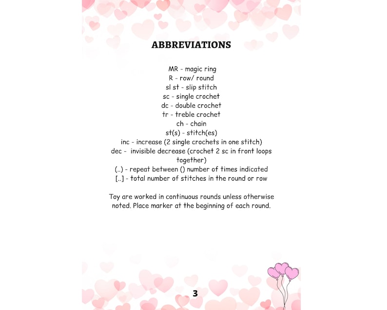 May include: A page from a crochet pattern book with a list of abbreviations used in the pattern. The abbreviations include MR, R, sl st, sc, dc, tr, ch, st(s), inc, dec, (..), [..]. The page is decorated with pink hearts.