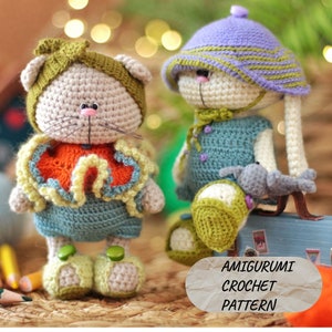 Amigurumi crochet pattern of rabbit and cat in clothes image 1