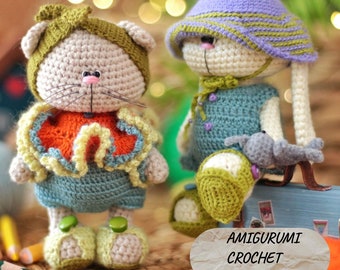 Amigurumi crochet pattern of rabbit and cat in clothes