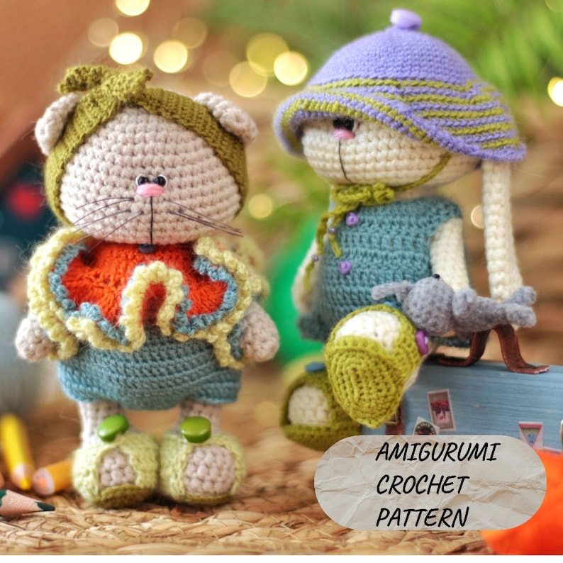 Amigurumi crochet pattern of rabbit and cat in clothes image 1