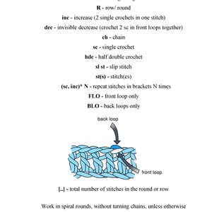 May include: Crochet stitch abbreviations and a diagram showing the difference between the front and back loops of a stitch. The diagram shows a blue crochet fabric with a white arrow pointing to the front loop and a black arrow pointing to the back loop.