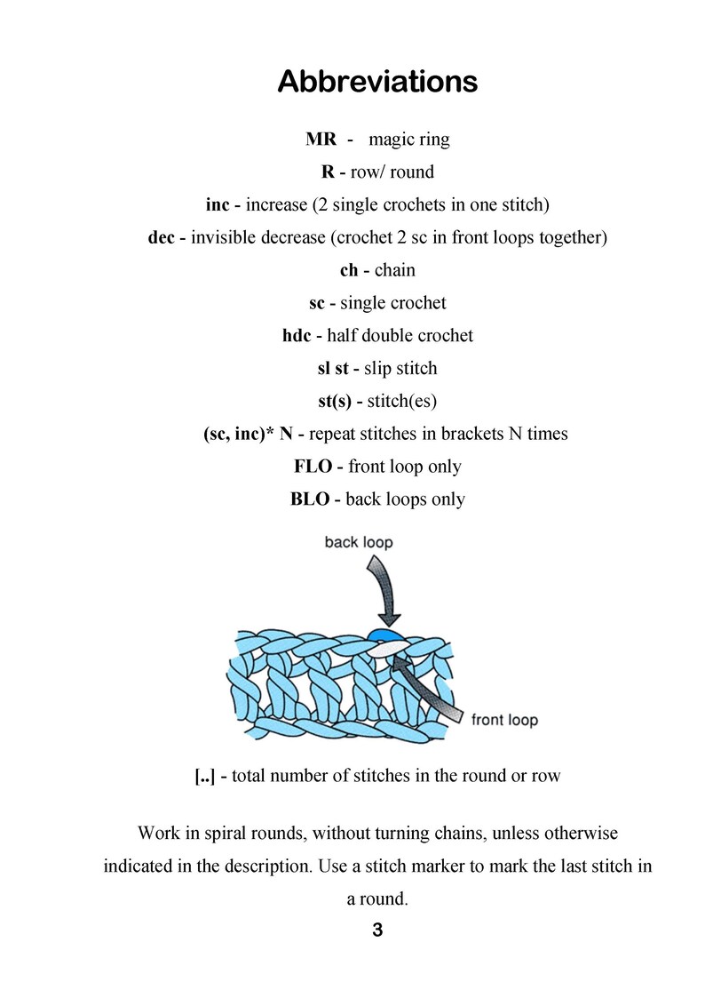 May include: Crochet stitch abbreviations and a diagram showing the difference between the front and back loops of a stitch. The diagram shows a blue crochet fabric with a white arrow pointing to the front loop and a black arrow pointing to the back loop.