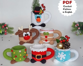 Crochet pattern set of Christmas mugs, Set of 6 crochet patterns, Cute crochet, Easy crochet patterns, Crochet Christmas cups