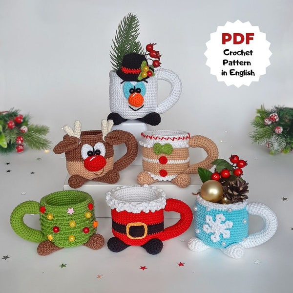 Crochet pattern set of Christmas mugs, Set of 6 crochet patterns, Cute crochet, Easy crochet patterns, Crochet Christmas cups